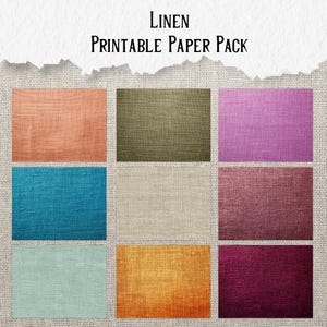 May include: A digital paper pack featuring nine rectangular swatches of linen fabric in various colors, including coral, olive green, teal, beige, and purple. The text "Linen Printable Paper Pack" is at the top.