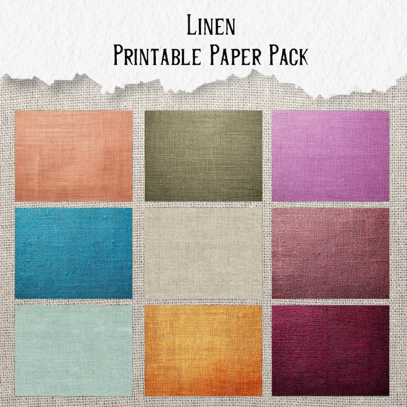 May include: A digital paper pack featuring nine rectangular swatches of linen fabric in various colors, including coral, olive green, teal, beige, and purple. The text "Linen Printable Paper Pack" is at the top.