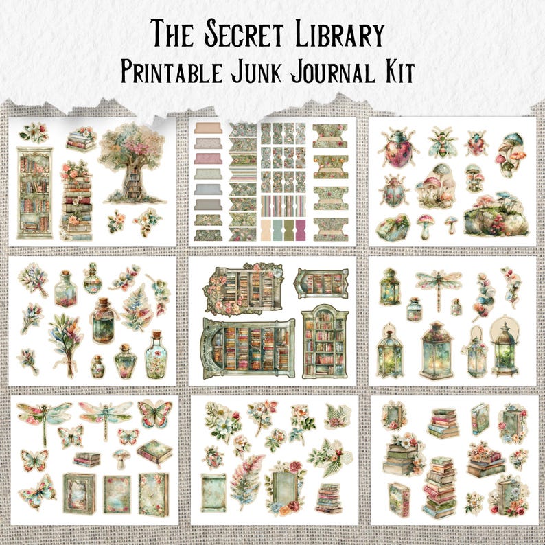 May include: A printable junk journal kit titled "The Secret Library." The kit features watercolor illustrations of bookshelves, flowers, insects, butterflies, lanterns, and vintage ephemera. The images have a soft, antique aesthetic.