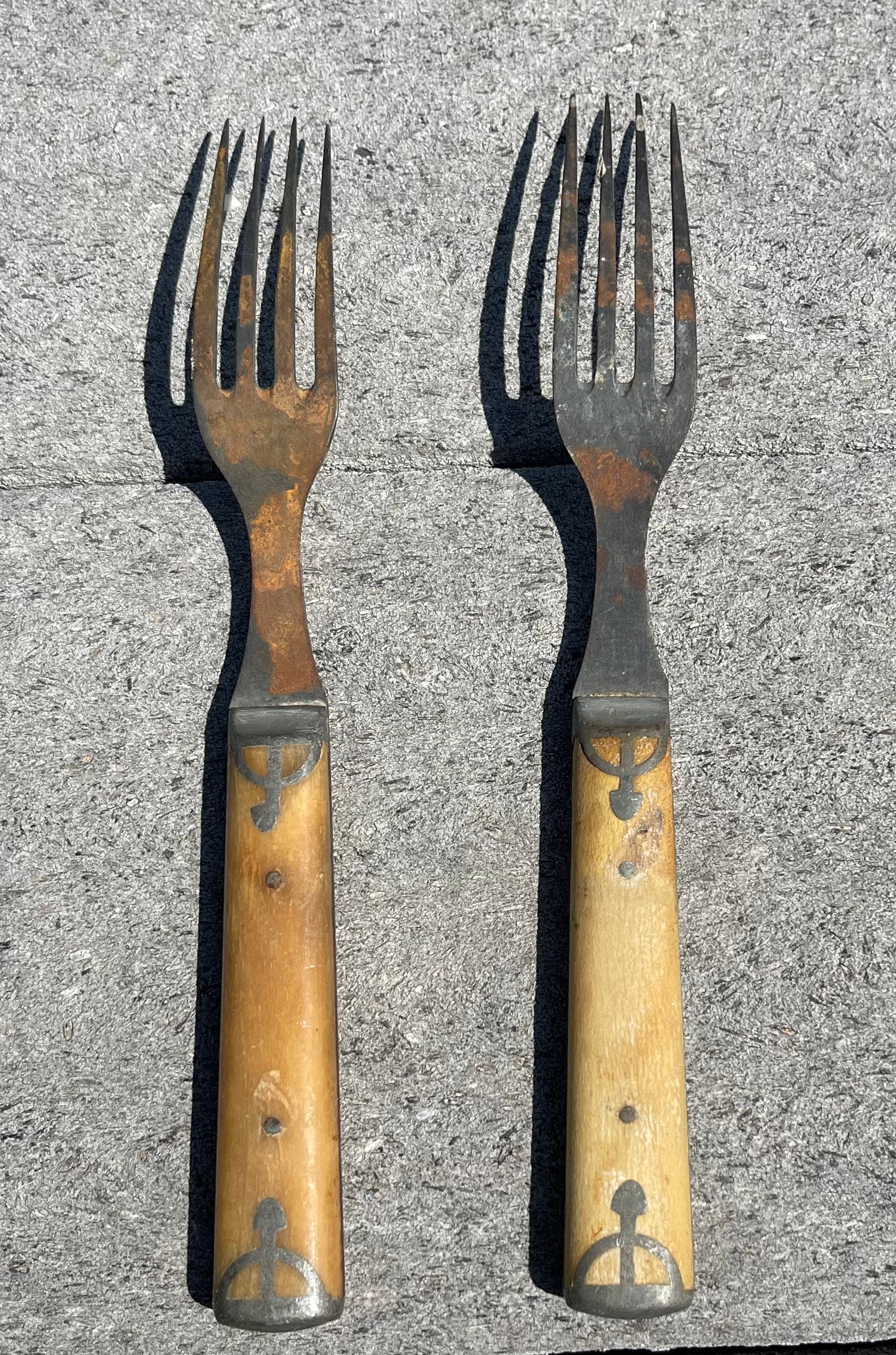 Antique Civil War era lot of 2 forks bone handle w pewter inlay