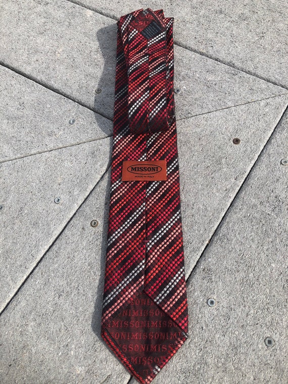 Missoni vintage silk tie Italy red and pink strip… - image 4