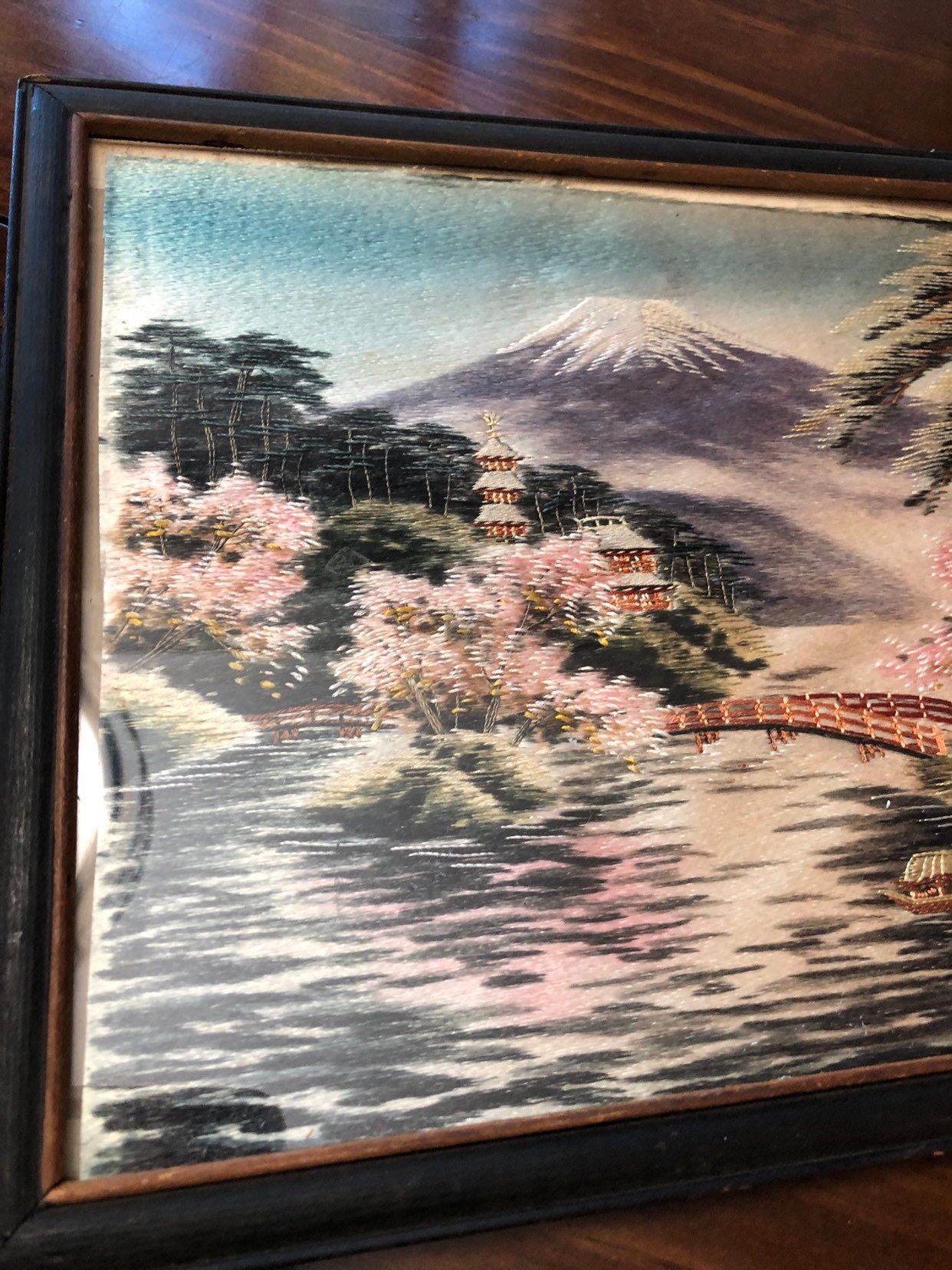 Japanese silk embroidery antique mount fuji stunning  etsy