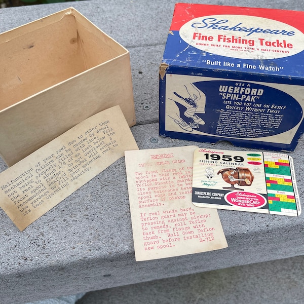 Vintage Shakespeare empty fishing reel box 1950s with instructions