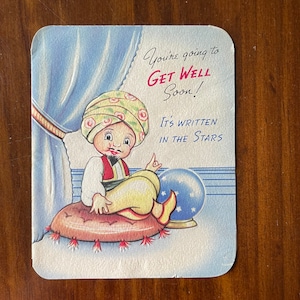 Vintage Crystal Ball fortune teller Get Well Soon greeting card diecut