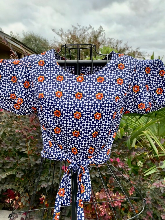 Vintage 70s Floral Checkered Flutter Sleeve Blouse