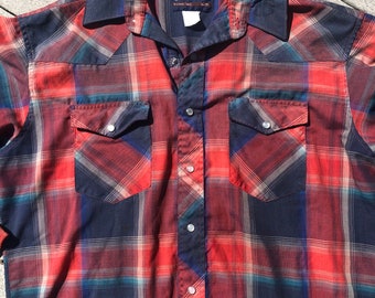 Wrangler pearl snap blue and red  western shirt 16” x 35” vintage