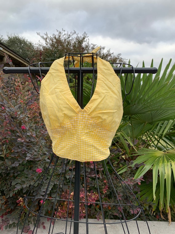 Vintage 70s Yellow Gingham Halter Top Small