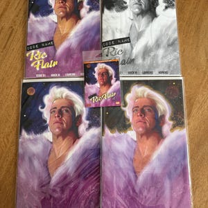 May include: Four comic book covers featuring a portrait of a man with white hair wearing a white fur coat. The covers are in different color schemes: purple, black and white, and two shades of purple. The title of the comic book is "Code Name Ric Flair" and the issue number is 01.