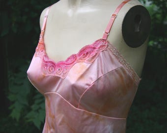 Vintage Adonna 1960s Slip Dress Custom Tie Dye PInk and Orange with colorful rhinestones 38 L/XL, FREE Domestic Shipping