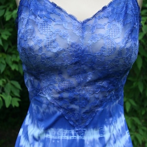 1960&#39;s Vintage Slip Dress Indigo Tie Dye M 34 Sexy Lace over Chiffon, FREE Domestic Shipping