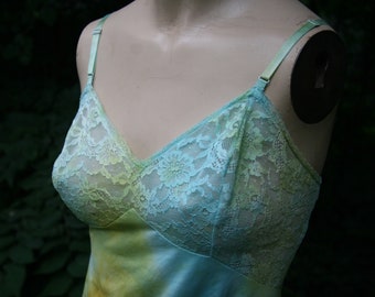 Vintage 60s Vanity Fair Sexy Slip Dress, Seaside Blues and Yellow gorgeous Lace, 36 L, FREE Domestic Shipping