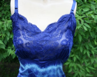 Rare Vintage 1950&#39;s Lady Lynne Slip Dress loaded with lace in Indigo Tie Dye M 34, Free Domestic Shipping