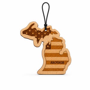 Michigan Wooden Car Air Freshener — State Shape Patriot Flag Design, Reusable Rearview Mirror Diffuser