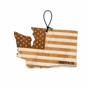 Washington Wooden Car Air Freshener — State Shape Patriot Flag Design, Reusable Rearview Mirror Diffuser