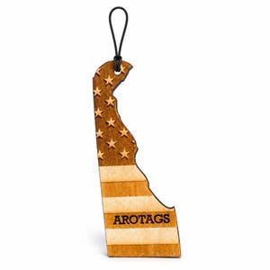 Delaware Wooden Car Air Freshener — State Shape Patriot Flag Design, Reusable Rearview Mirror Diffuser