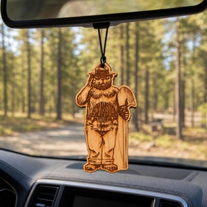 Smokey Bear Wooden Car Air Freshener – Reusable Mirror Diffuser, Outdoorsmen Truck Accessory