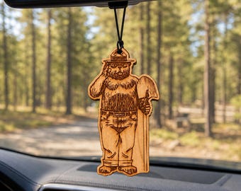 Smokey Bear Wooden Car Air Freshener – Reusable Mirror Diffuser, Outdoorsmen Truck Accessory
