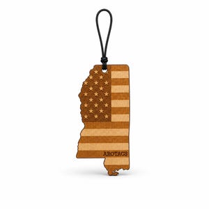 Mississippi Wooden Car Air Freshener — State Shape Patriot Flag Design, Reusable Rearview Mirror Diffuser