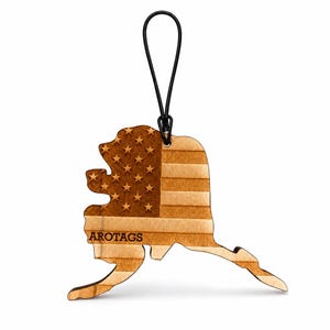 Alaska Wooden Car Air Freshener — State Shape Patriot Flag Design, Reusable Rearview Mirror Diffuser
