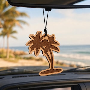 Palm Tree Wooden Car Air Freshener – Reusable Rearview Mirror Diffuser, Tropical Beach Accessory