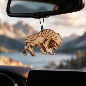 Bison Mountains Wooden Car Air Freshener - Laser Engraved Rearview Mirror Diffuser