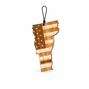 Vermont Wooden Car Air Freshener — State Shape Patriot Flag Design, Reusable Rearview Mirror Diffuser