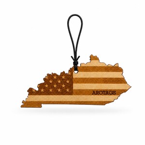 Kentucky Wooden Car Air Freshener — State Shape Patriot Flag Design, Reusable Rearview Mirror Diffuser