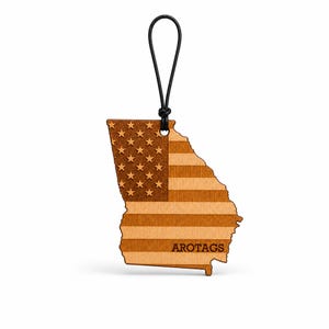 Georgia Wooden Car Air Freshener — State Shape Patriot Flag Design, Reusable Rearview Mirror Diffuser