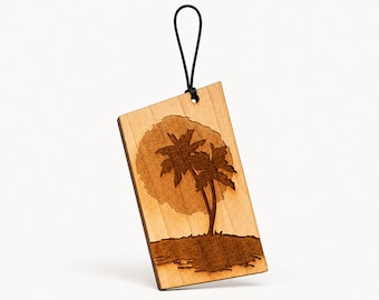Ambientador de coche de madera con diseño de palmeras al atardecer: difusor reutilizable para espejo retrovisor con aceite aromático, regalo ideal para amantes de la playa y accesorio tropical para el coche.