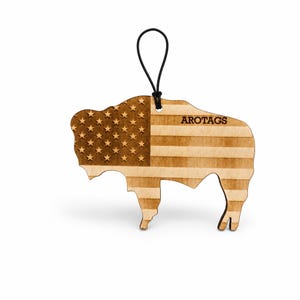 Wyoming Wooden Car Air Freshener — State Shape Patriot Flag Design, Reusable Rearview Mirror Diffuser