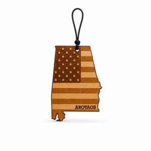 Alabama Wooden Car Air Freshener — State Shape Patriot Flag Design, Reusable Rearview Mirror Diffuser