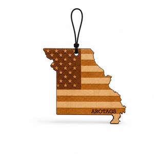 Missouri Wooden Car Air Freshener — State Shape Patriot Flag Design, Reusable Rearview Mirror Diffuser