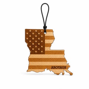 Louisiana Wooden Car Air Freshener — State Shape Patriot Flag Design, Reusable Rearview Mirror Diffuser