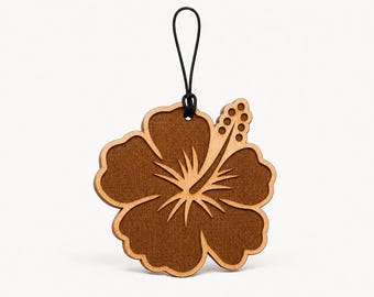 Ambientador de coche de madera con diseño de hibisco: difusor reutilizable para el espejo retrovisor con aceite aromático, accesorio tropical y regalo ideal para la playa.