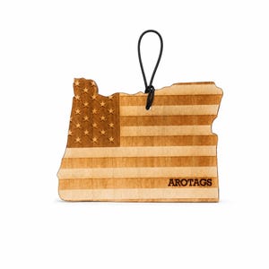Oregon Wooden Car Air Freshener — State Shape Patriot Flag Design, Reusable Rearview Mirror Diffuser