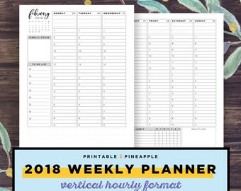 Vertical Weekly Planner Printable, A5 Planner Inserts, Planner Inserts, Hourly Schedule, 2018 Agenda