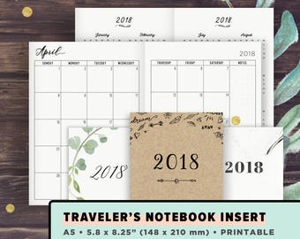 TN A5 | 2018 Monthly Planner: Month on 2 Pages, MO2P, Year at a Glance, Printable Planner | Travelers Notebook Inserts Printable