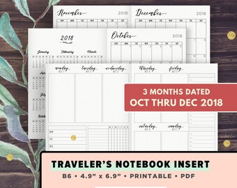 B6 TN - OCTOBER thru DECEMBER 2018 | Week on 2 Pages Weekly Planner, Printable Travelers Notebook Inserts, Dated WO2P, Box Planner Vertical