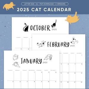Calendário 2025 para impressão, calendário de gatos, gatos engraçados, gato fofo, com linhas, download digital em PDF, tamanho carta, A4