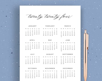 2024 Calendar Printable on 1 Page,  Year at a glance, Yearly Wall Calendar, PDF, Letter Size, A4, Monday, Sunday Start, Lettering