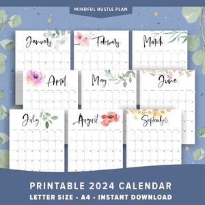 printable 2024 calendar, minimalist floral, modern design, desk calendar