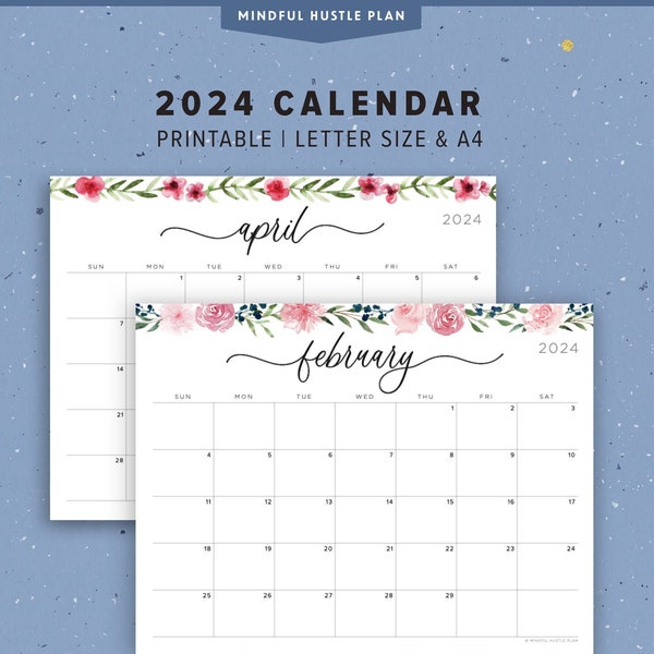 2024 Printable Calendar, Horizontal Floral Watercolor Calligraphy, Handlettering, by Monthly Calendar, Watercolour, landscape, Letter A4 PDF