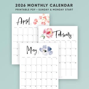 2026 Calendar Printable, Monthly Calendar PDF, Digital Flowers Watercolor, Floral Botanical, Wall, Letter Size A4, By month, Vertical Layout