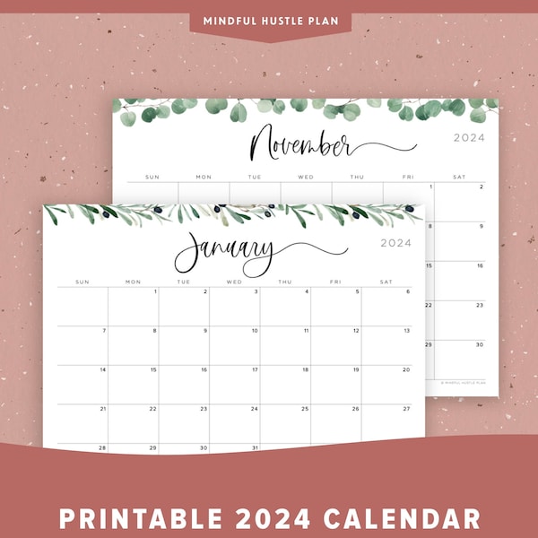 Calendar Printable 2024 | PDF, Holidays, Greenery, Botanical, Monthly, Horizontal layout Lined, | Letter Size, A4, Wall, Instant Download