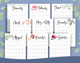 2022 Calendar Printable, Desk Calendar Monthly, Flowers Watercolor, Botanical Floral Wall, PDF, Letter Size, A4, Elegant Pretty, Lines