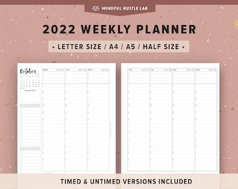 2022 Weekly Planner Printable, BOLD Lettering Style | Vertical Hourly Schedule, Monthly Page, A5, Half Size, Letter, A4, Agenda, WO2P