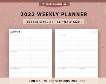 Weekly Planner 2022 Printable | Horizontal Layout | Filofax A5 Planner Inserts, Half Size, A4, Letter Size, Agenda, Dated Week on 2 Pages
