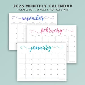 Afdrukbare kalender 2026, bewerkbaar, 12 maanden bureaukalender, liggend, aquarel pdf, Letter-formaat, A4, afbeelding 1