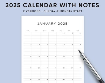 2025 Calendar Printable, Minimalist Calendar with Notes, PDF Download, Letter Size, A4, Monday, Sunday Start, With Lines
