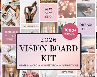 Vision Board Kit Printables 2026, esthetische foto's, afbeeldingen, woorden, visionboard voor vrouwen, positieve affirmaties, manifestatie